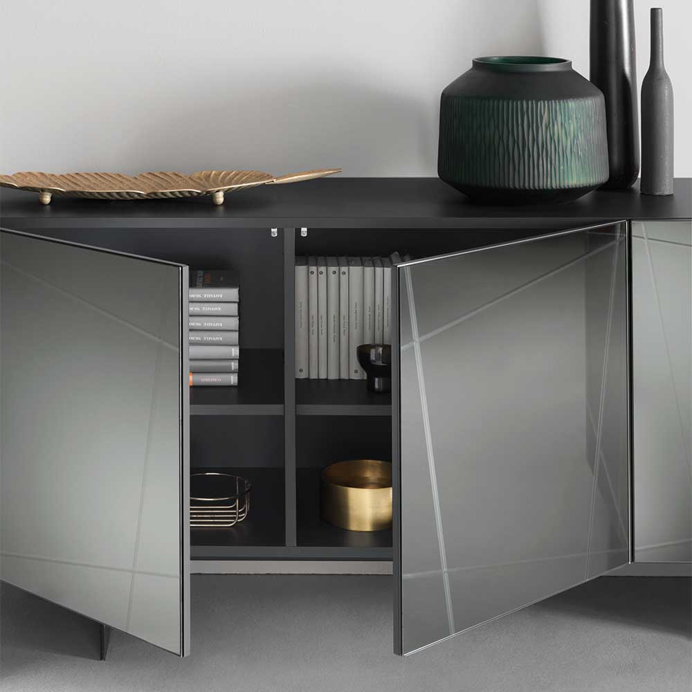 Luxuriöses Sideboard Tropinica in Grau - Anthrazit - Schwarz mit Spiegelglasfront