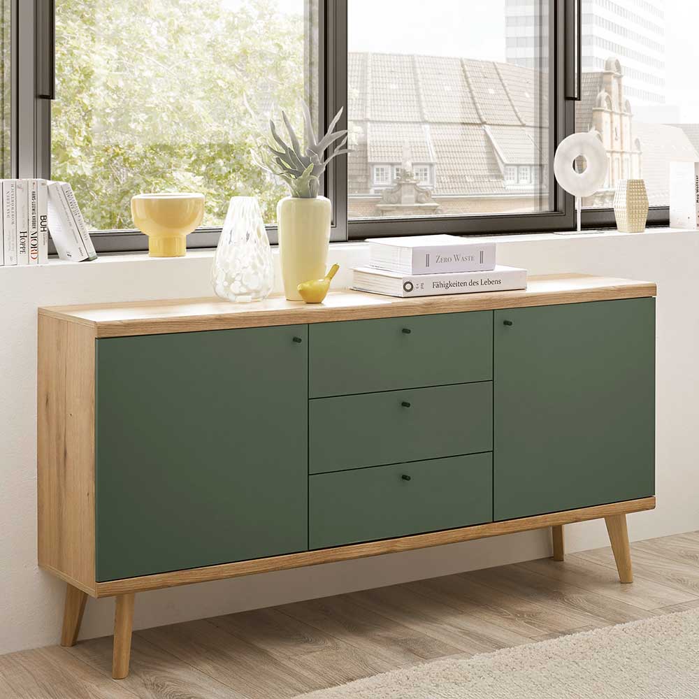 Skandi Design Esszimmersideboard Lora in Graugrün und Wildeichefarben