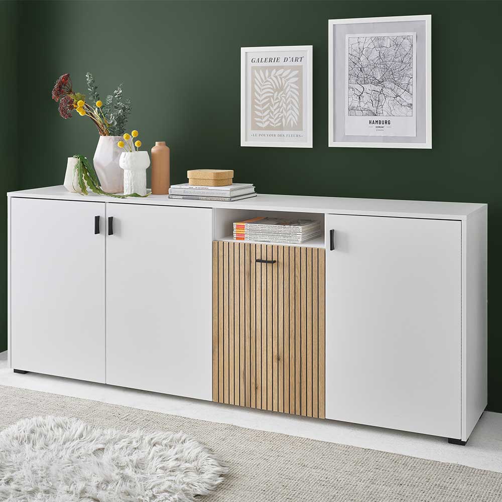 Großes Sideboard Saladd in Weiß und Wildeichefarben 200 cm breit