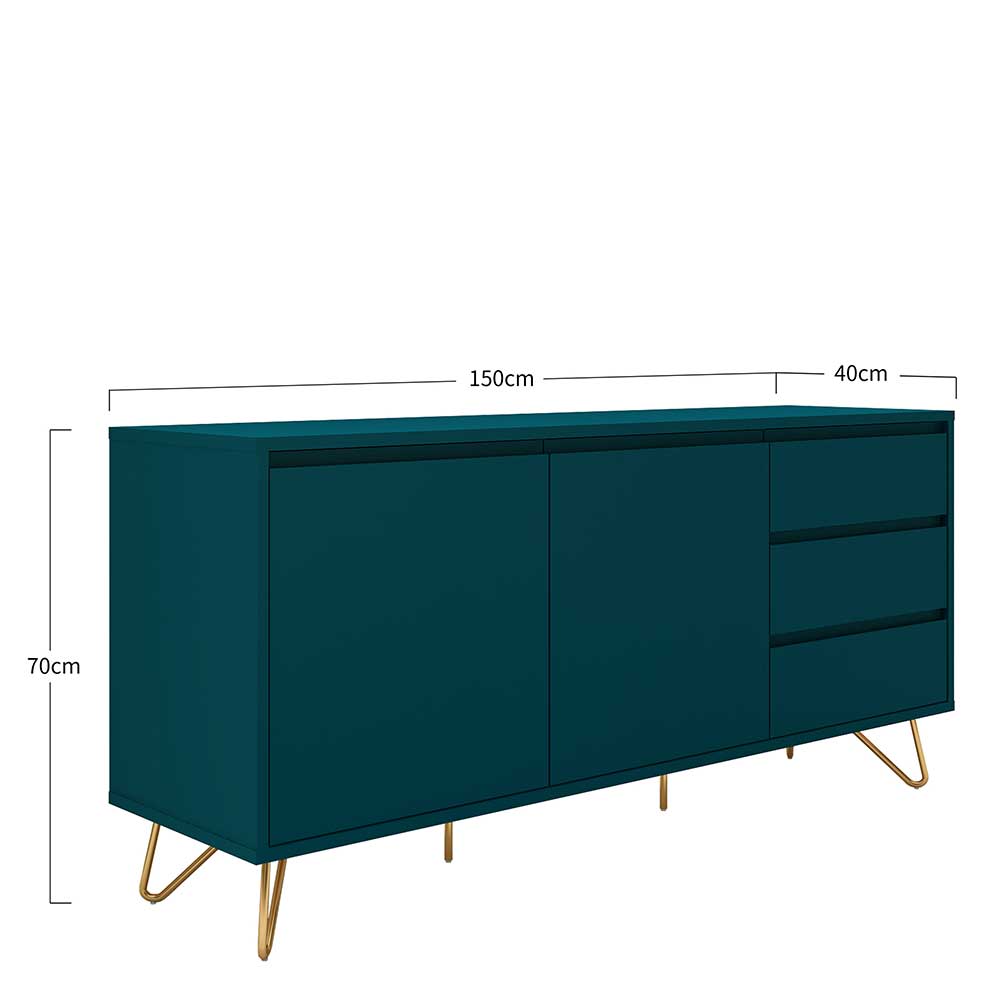 Kommode Maylin in Petrol und Goldfarben 150 cm breit