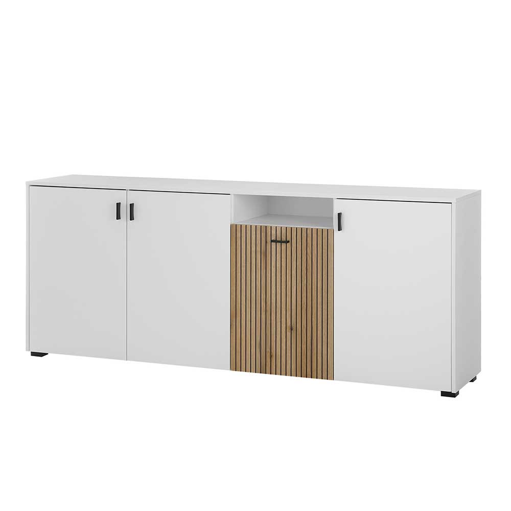 Großes Sideboard Saladd in Weiß und Wildeichefarben 200 cm breit