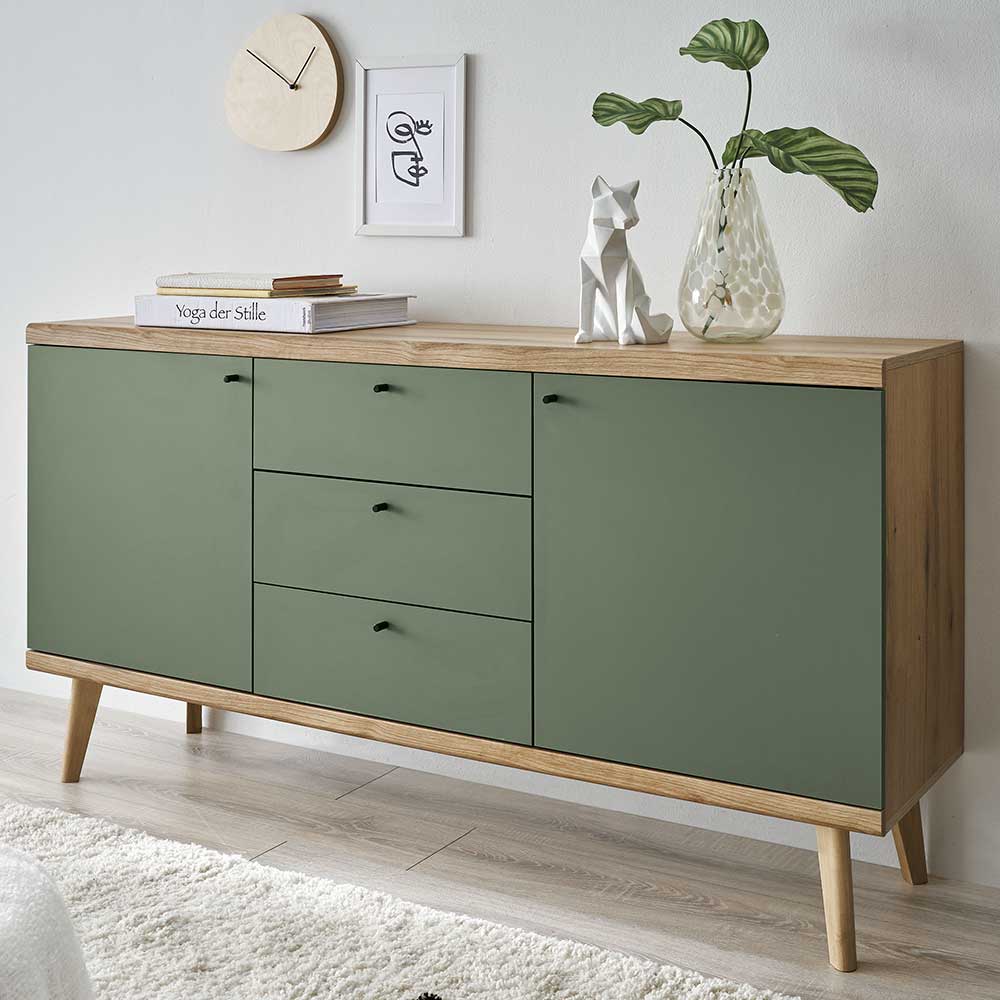 Skandi Design Esszimmersideboard Lora in Graugrün und Wildeichefarben