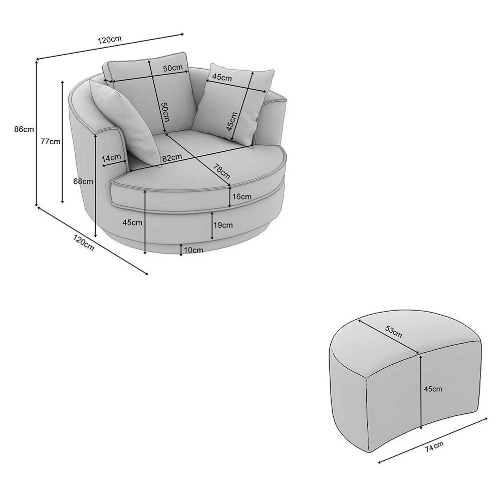 Retro Drehsessel mit Hocker Tresema in Anthrazit aus Cord (zweiteilig)