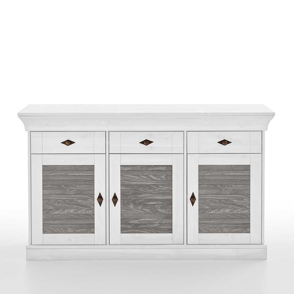 Landhaus Sideboard Tanydos in Kiefer Grau und Weiß 144 cm breit