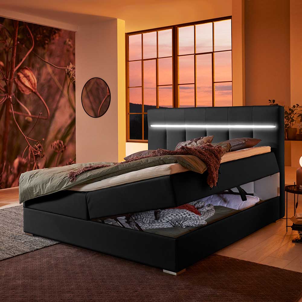 Boxspringbett Maggiore in Schwarz Kunstleder mit LED Beleuchtung