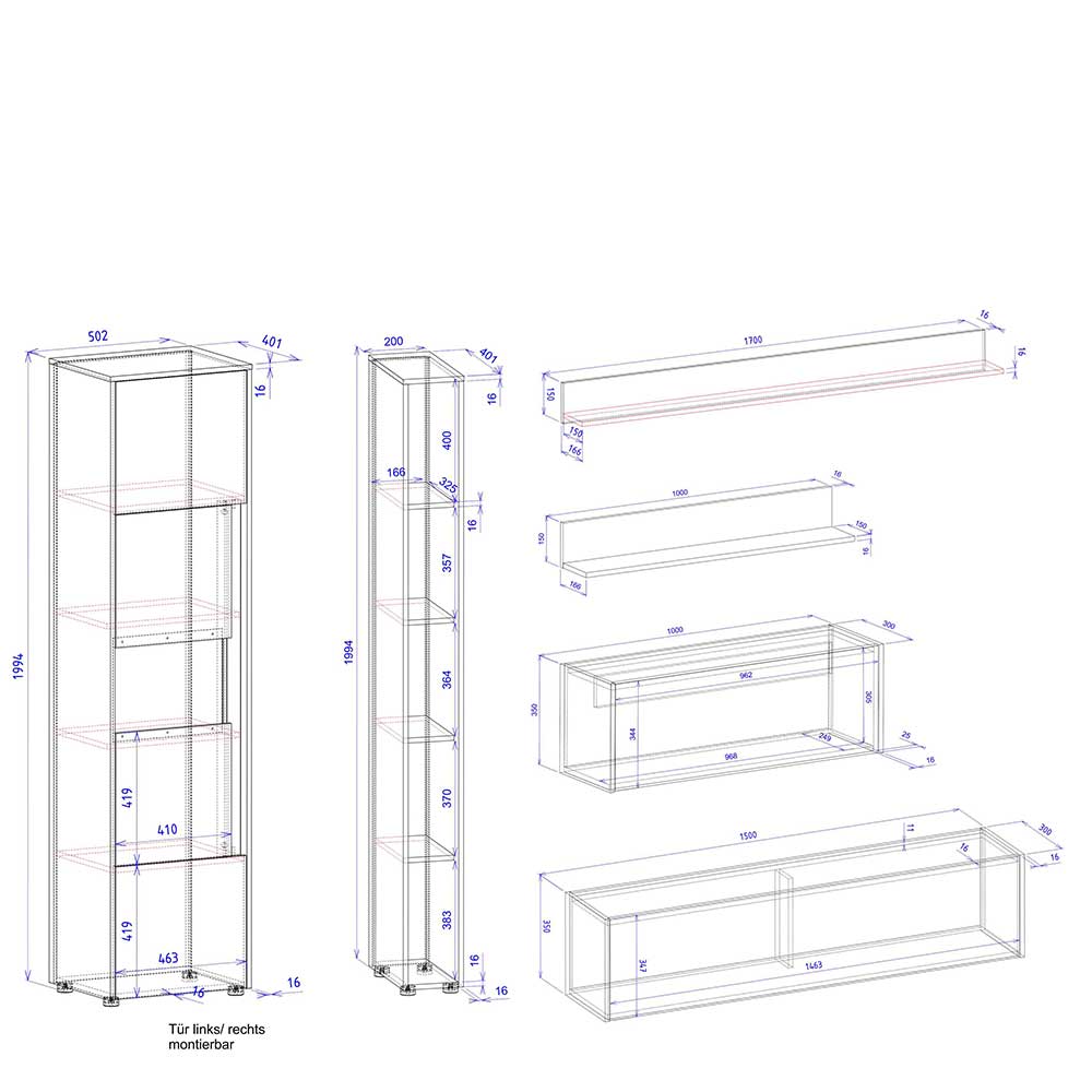 TV Wohnwand mit Schreibtisch Rascian in modernem Design 200 cm hoch (sechsteilig)