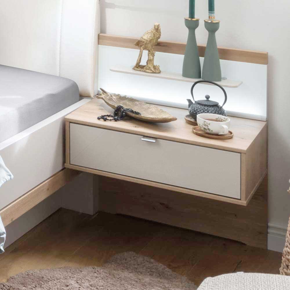 Design Doppelbett Privira in Eiche Bianco und Beige mit LED Beleuchtung (dreiteilig)