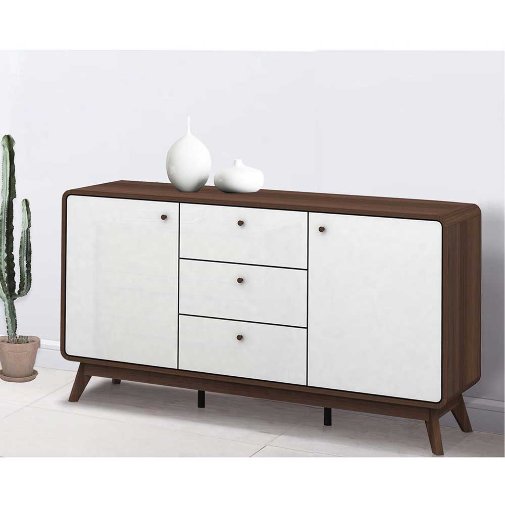 Wohnzimmer Sideboard Crenal in Weiß und Walnussfarben im Skandi Design