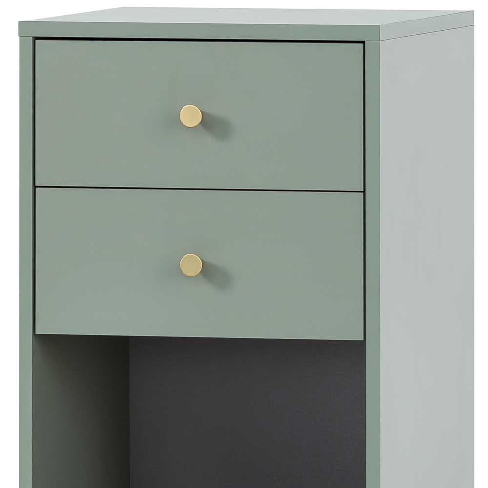 Modernes Bad Highboard Pierce in Graugrün und Goldfarben