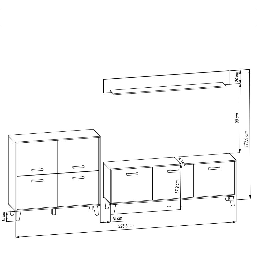 Schrankwand Wohnzimmer Liazuria mit TV Platz in Wildeichefarben (dreiteilig)