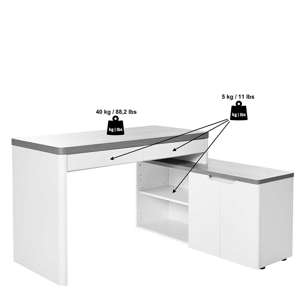 Winkelschreibtisch Hajelua im Skandi Design mit Seitenregalen