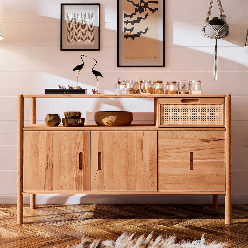 Sideboard mit Rattan Artjes aus Wildbuche Massivholz 86 cm hoch