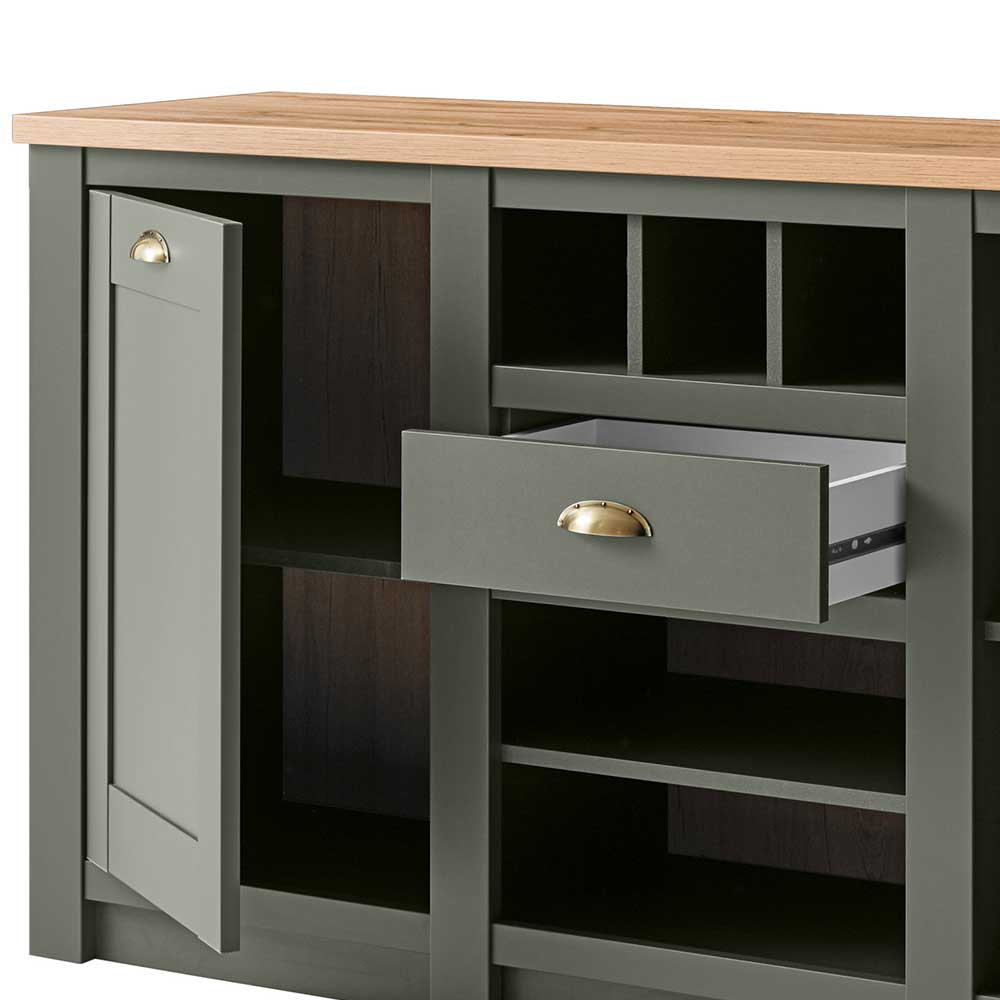 Landhaus Sideboard Vashina in Graugrün und Wildeiche Optik mit Weinfächern