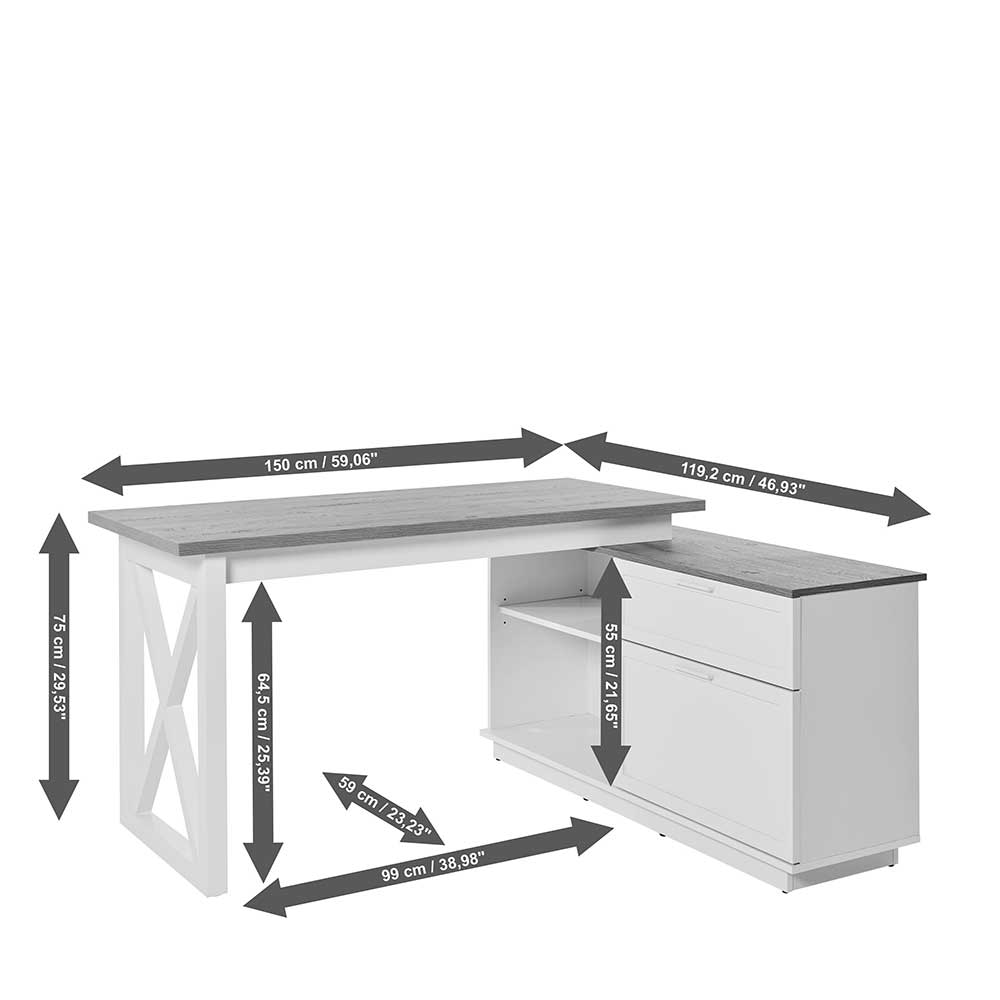 Eckschreibtisch Stephanie mit zwei Schubladen im Landhausstil