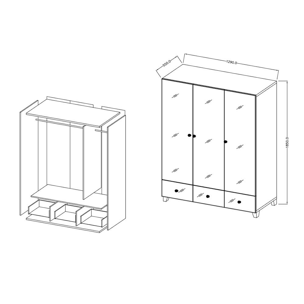 Spiegeltürenschrank Varese mit drei Schubladen in modernem Design