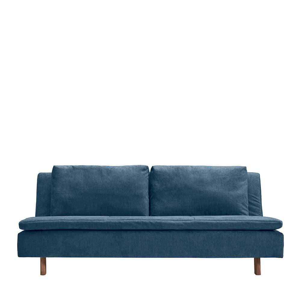 Blaues 2er Schlafsofa Coltes aus Microvelour und Eiche Massivholz