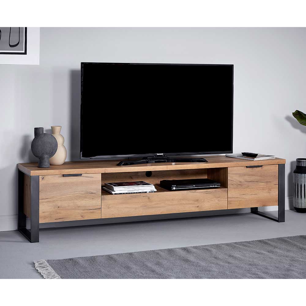 TV Board Tacuria mit Türen und Bügelgestell aus Metall