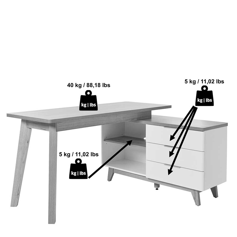 Eckschreibtisch Hajelua mit drei Schubladen im Skandi Design