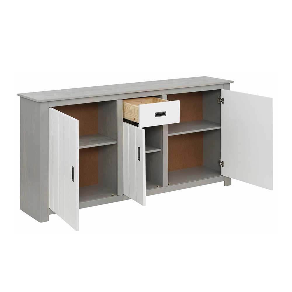 Massivholz Sideboard Narial in Weiß und Grau 3-türig