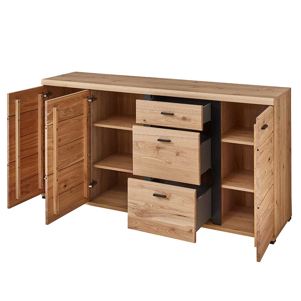 Sideboard Cacervo aus Spanplatte und Massivholz mit Metallgriffen