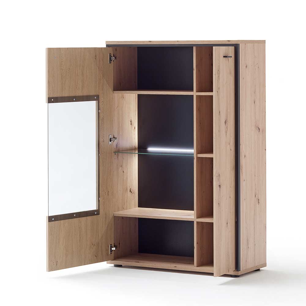 Wohnzimmer Highboard Geronda in Eiche Optik und Anthrazit mit Glas