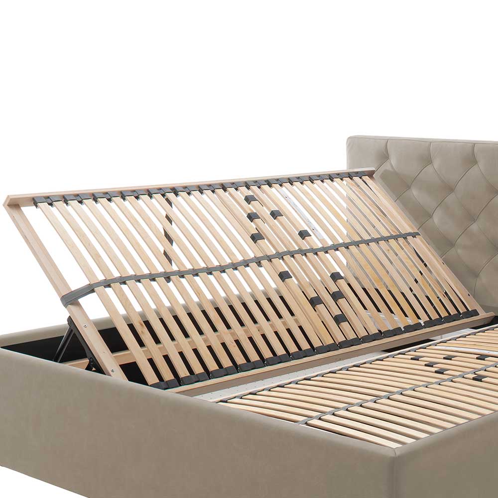 Gepolstertes Bett Emini in Beige mit Vierfußgestell aus Metall Chrom