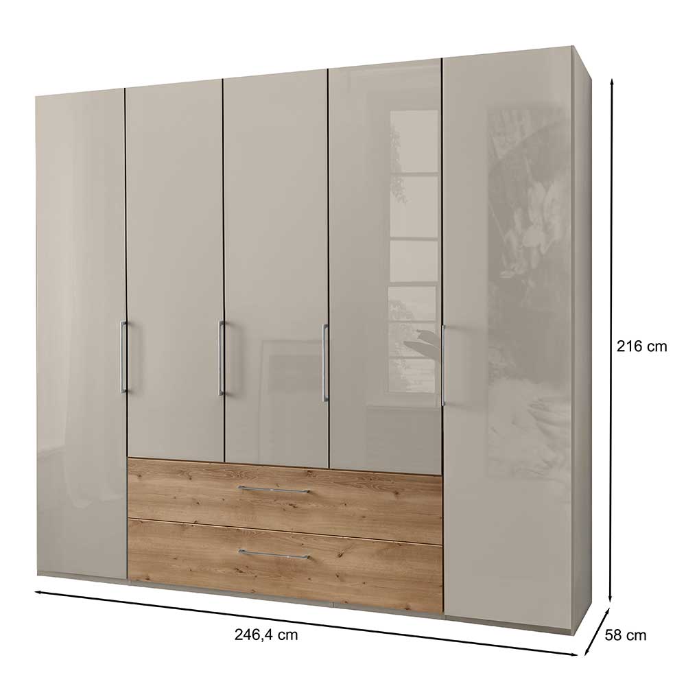 Kleiderschrank Glasfront Cruzca in Beige Schubladen Eiche Bianco