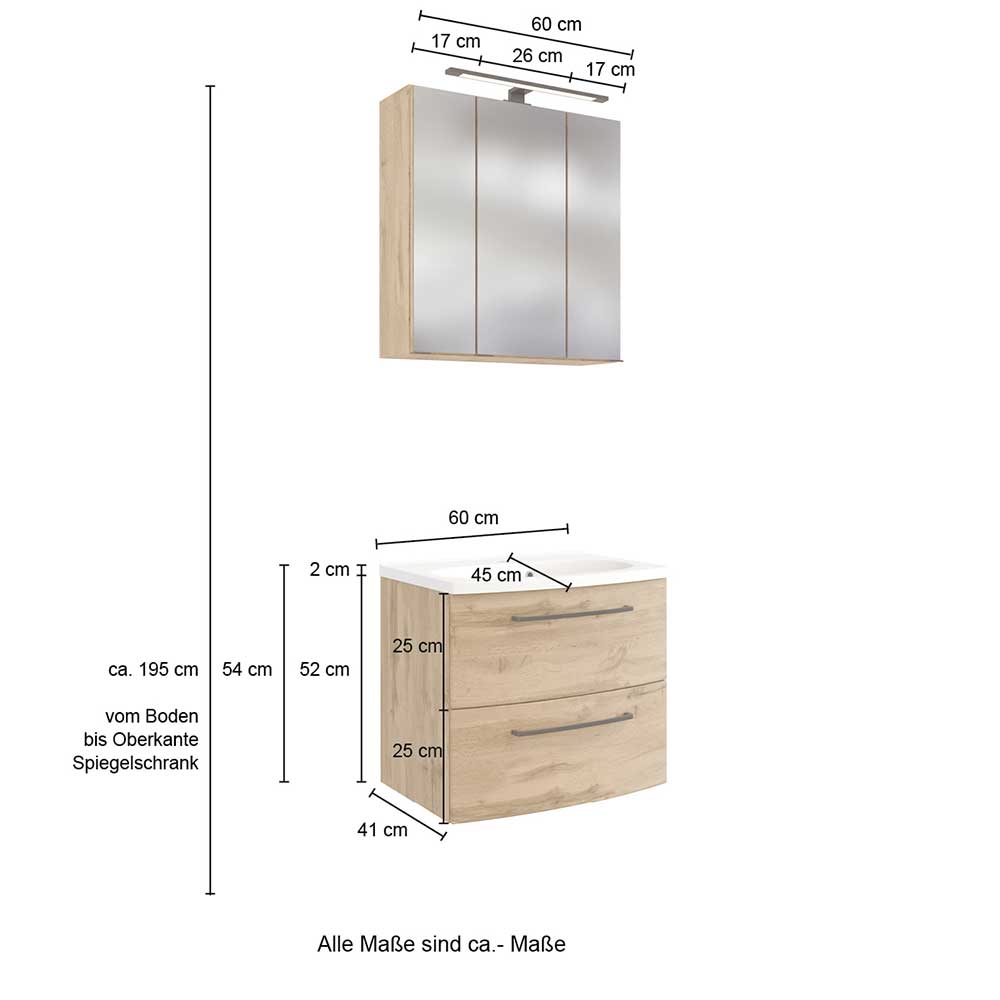 Waschplatz Gäste WC Longos mit Spiegelschrank Holzoptik Wildeiche (zweiteilig)