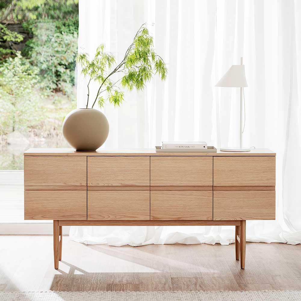 Helles Sideboard Roscha im Skandi Design mit 4 Soft Close Türen