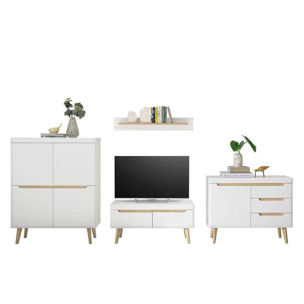 Schrankwand Wohnzimmer Jasturian im Skandi Design 134 cm hoch (vierteilig)