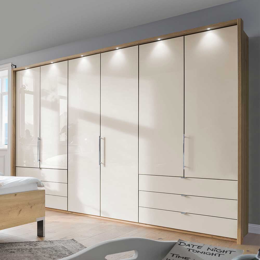 Großer Kleiderschrank Cnutria in Beige und Eiche Bianco glasbeschichtet