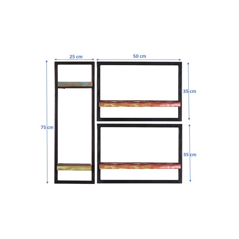 Shabby Wandboards Woodstock aus Massivholz und Metall (dreiteilig)
