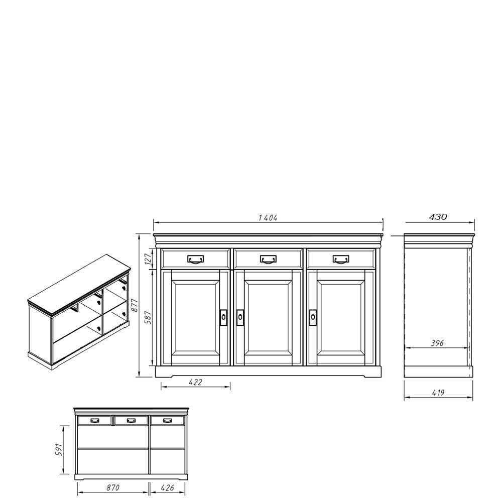 Sideboard Limita aus Kiefer Massivholz mit drei Schubladen