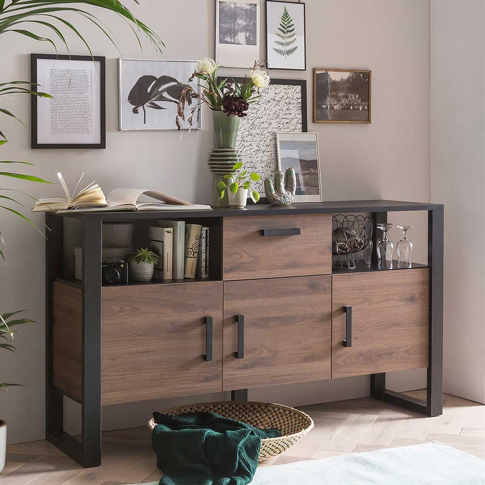 Teiloffenes Sideboard Besi in Nussbaumfarben und Schwarz