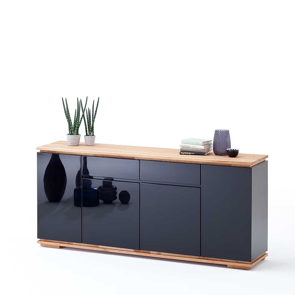 Design Sideboard Ledium in Schwarz Hochglanz mit Asteiche Massivholz