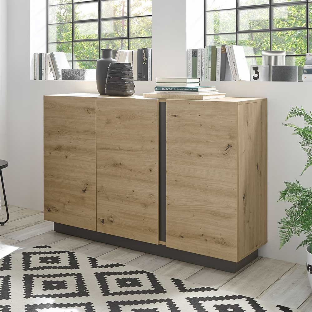 Hohes Sideboard Matrezina in Dunkelgrau und Wildeichefarben Soft Close Türen