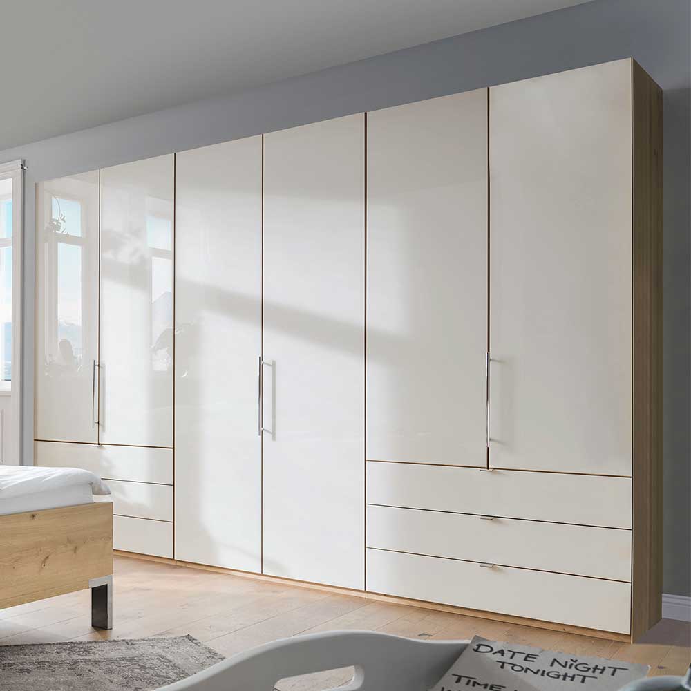 Großer Kleiderschrank Cnutria in Beige und Eiche Bianco glasbeschichtet