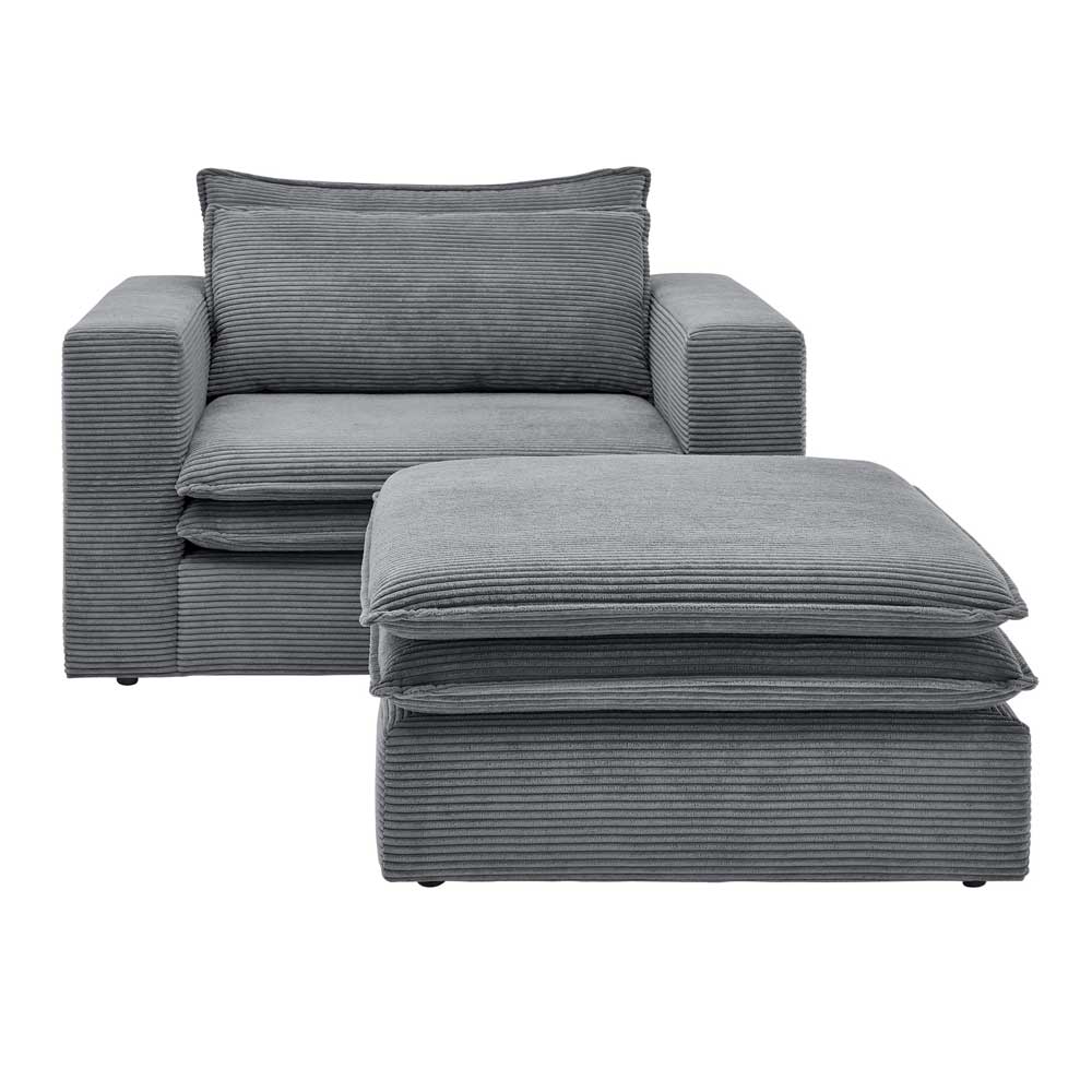 Lounge Sessel mit Hocker Eltusa in Anthrazit aus Cord (zweiteilig)