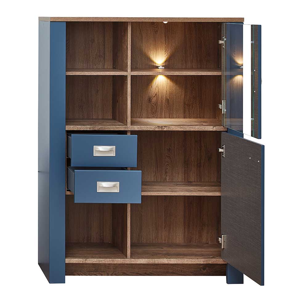 Landhausstil Wohnzimmer Highboard Fanci in Blau und Eiche dunkel