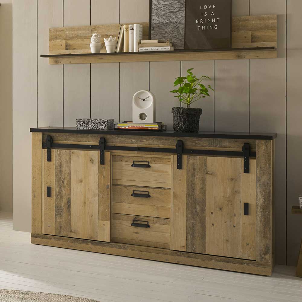 Landhaus Sideboard rustikal Studiana 162 cm breit mit Schiebetüren