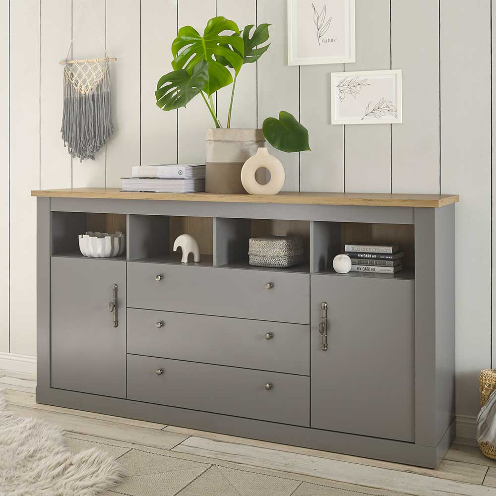 Landhaus Sideboard Cellossa in Lichtgrau und Eichefarben