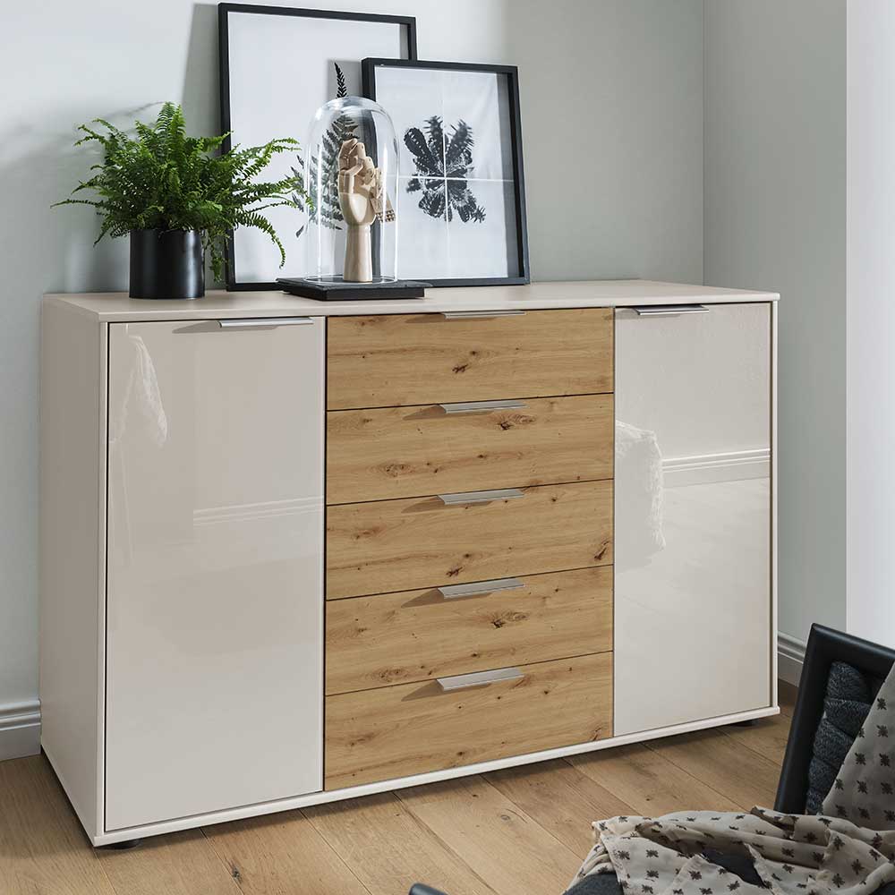 Esszimmer Sideboard Tecasun in Eiche Bianco & Beige mit fünf Schubladen