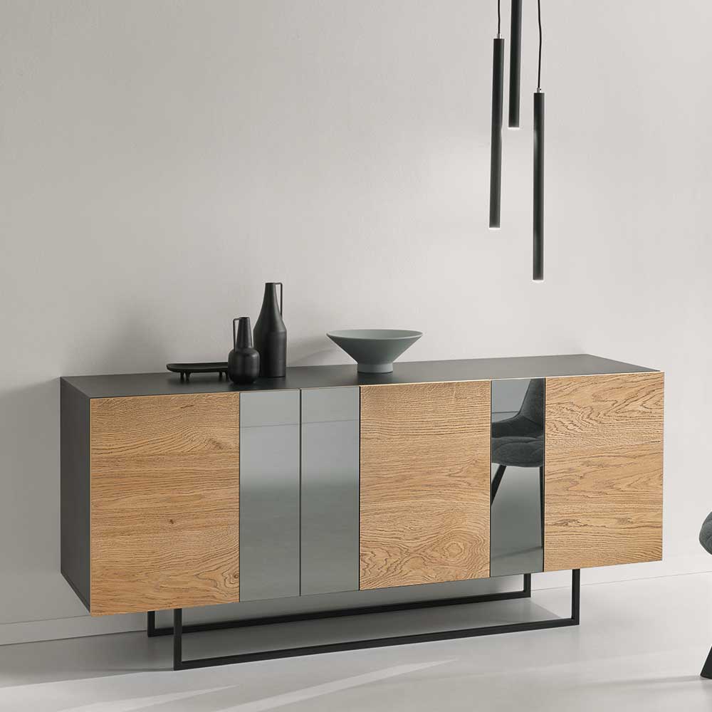 Premium Sideboard Satumare in Eiche hell und Grau mit Bügelgestell aus Metall