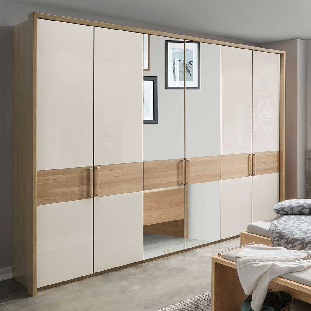 6 Türen Design Kleiderschrank Veyfas in Beige Glas beschichtet und Eiche