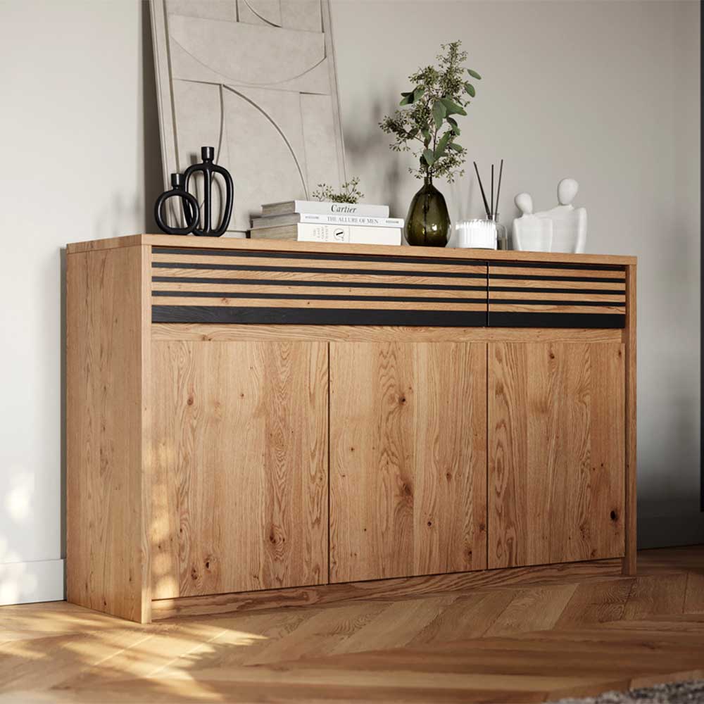 Massivholz Sideboard Bibliana 150 cm breit mit zwei Schubladen