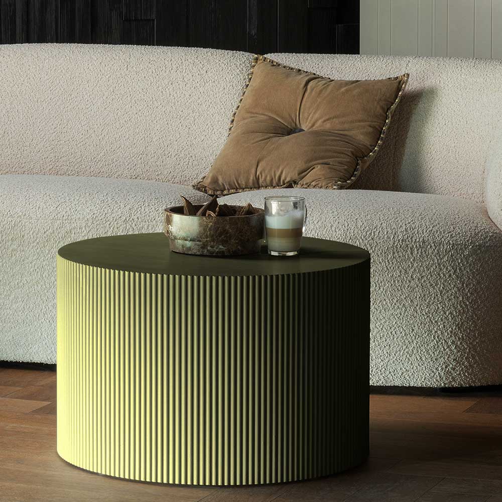 Oliv Grüner Couchtisch Caurina im Skandi Design 60 cm Durchmesser