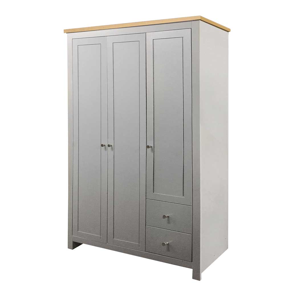 Landhausstil Drehtürenkleiderschrank Vulima in Grau und Eiche Optik 180 cm hoch