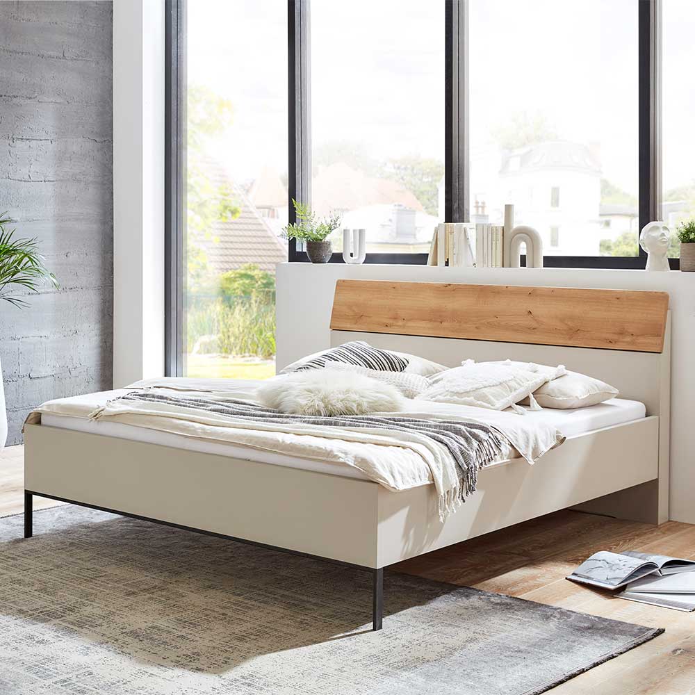 Doppel Bett Miltom in Eiche Bianco und Beige Made in Germany