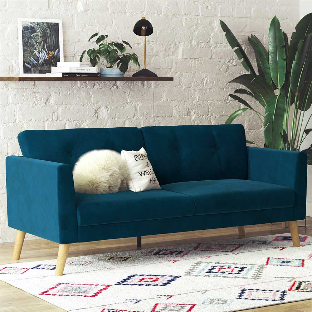 Retrostil Sofa Mutonios in Blau mit Vierfußgestell aus Holz