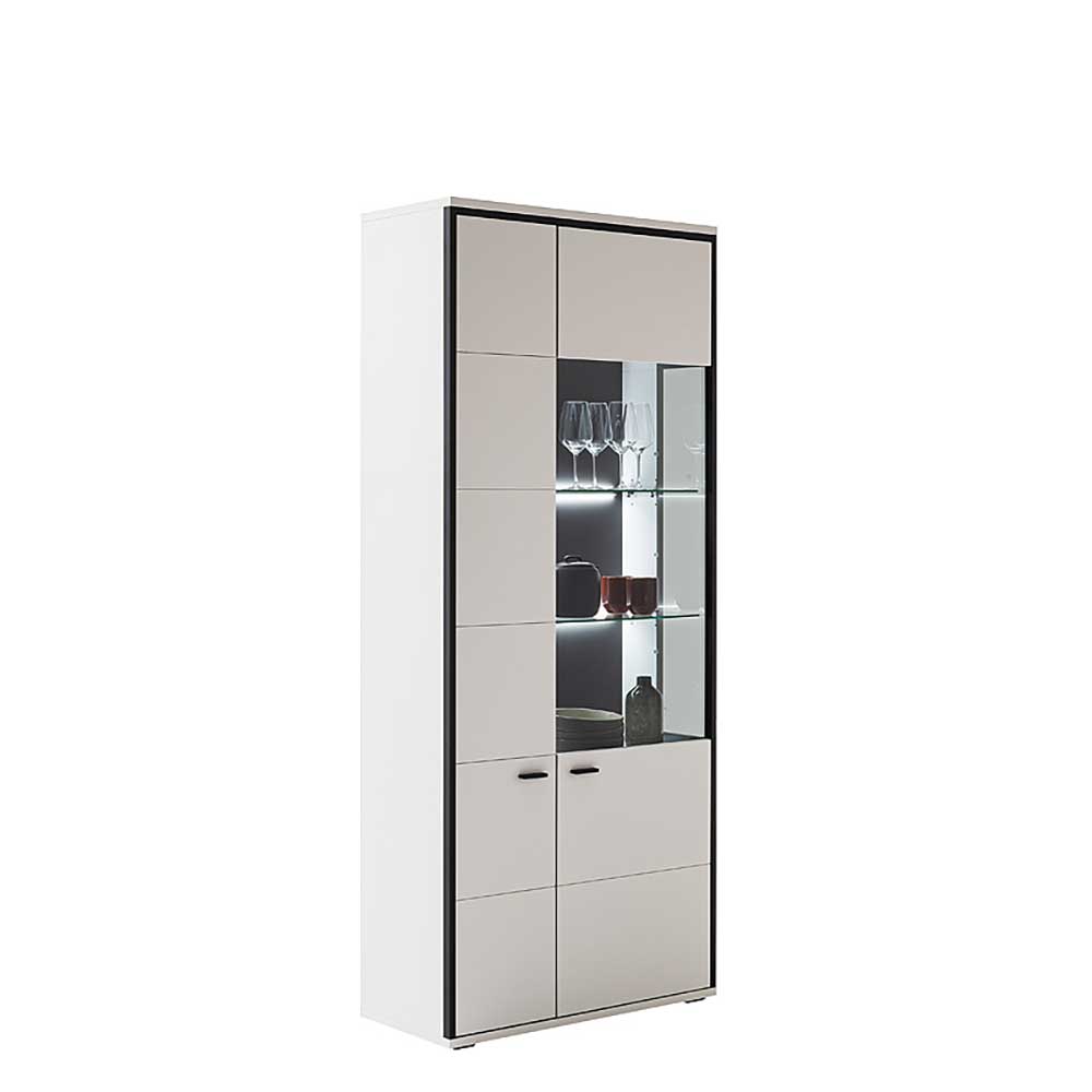 Wohnzimmer Vitrinenschrank Ukai in Weiß und Schwarzgrau 199 cm hoch